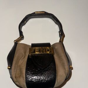 Fendi Black and Brown Mini Bag croissant vintage gold accents